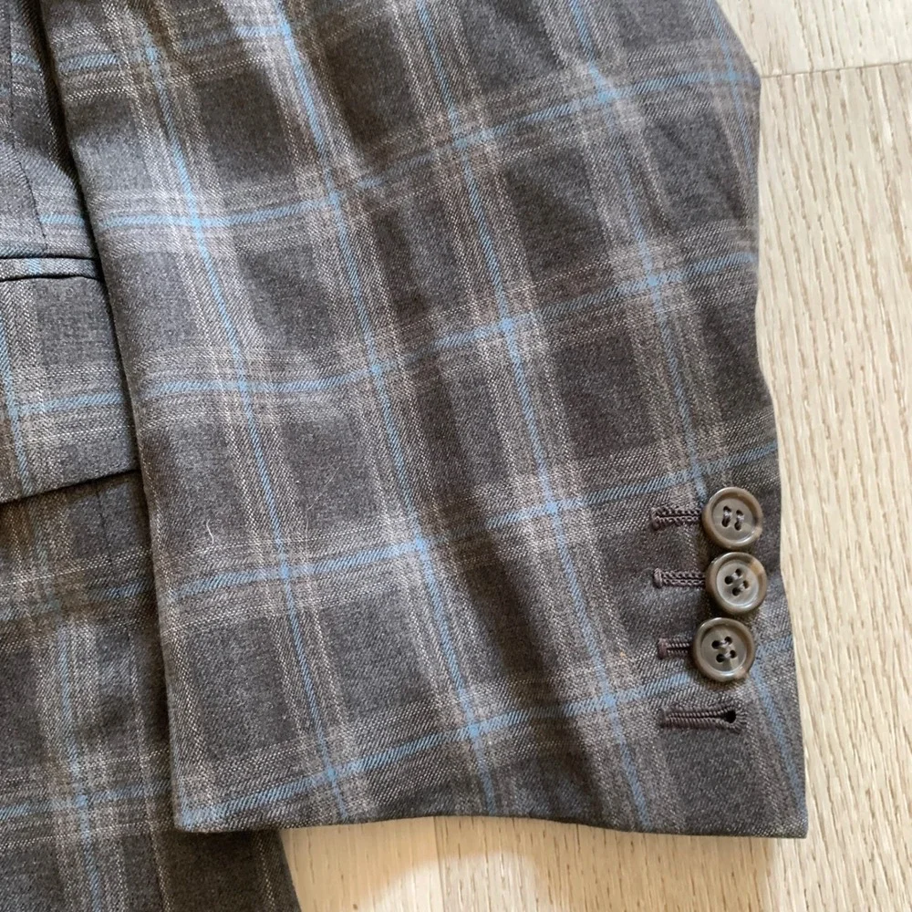 Isaia Napoli Mens Plaid Sport Coat Blazer Charcoal Gray Blue Wool Two Button